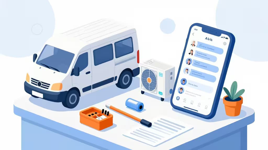 Ilustración de un espacio de trabajo de un negocio de servicios para el hogar con herramientas de plomería, electricidad y HVAC junto a un teléfono con interfaz de chatbot de IA