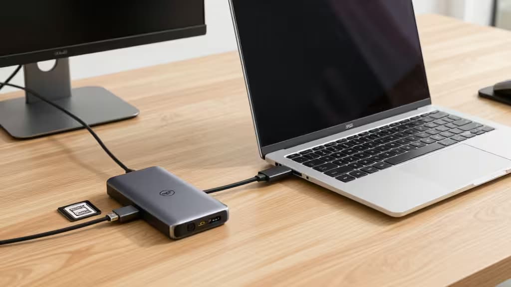 Een strakke USB-C hub verbonden met een Dell XPS 13 laptop op een houten bureau, met meerdere poorten voor productiviteit.