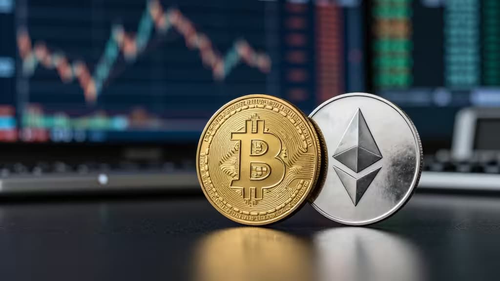 Golden Bitcoin and silver Ethereum tokens resting on a dark polished surface under soft cinematic lighting, evoking an institutional trading desk atmosphere.