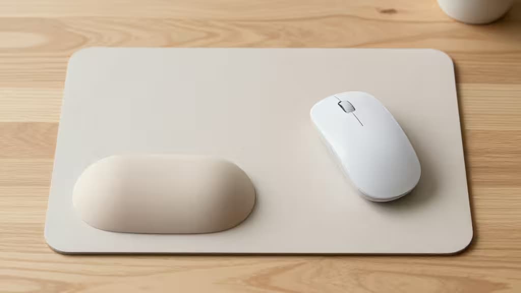 Ein weißes ergonomisches Mauspad mit weicher Gel-Handgelenkstütze liegt auf einem Schreibtisch neben einer schlanken weißen Maus.
