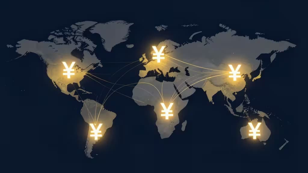Illustration abstraite d'un transfert d'argent international : une carte du monde stylisée avec des symboles de devises lumineux et des lignes de connexion entre les continents