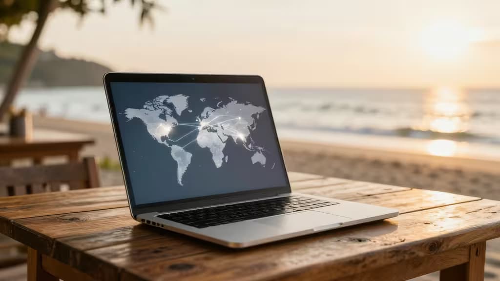 Portátil plateado sobre mesa de madera muestra un mapa mundial cifrado brillando contra un fondo de playa soleada.