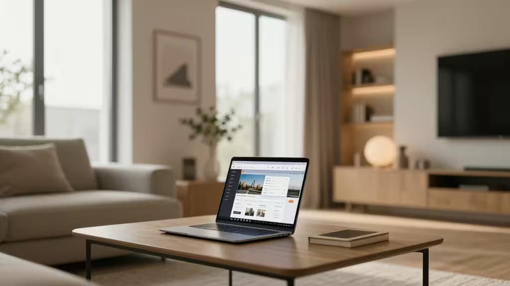 Nowoczesne wnętrze apartamentu w stylu skandynawskim z laptopem na stoliku kawowym, na którym wyświetla się panel zarządzania listingiem nieruchomości
