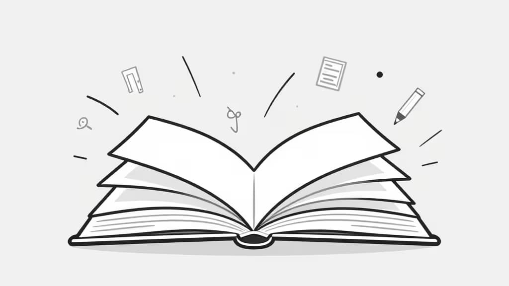 An open coloring book with clean black-and-white line-art pages floating above it, surrounded by minimalist digital design tool elements