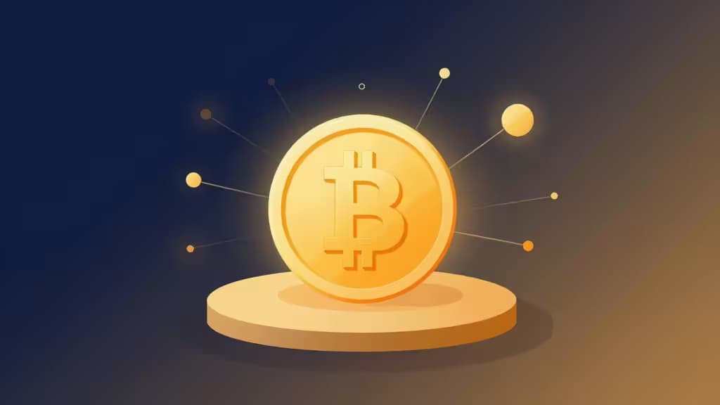 Una moneda dorada de Bitcoin brillante reposa sobre un pedestal, rodeada de orbes flotantes contra un fondo de degradado azul a naranja.