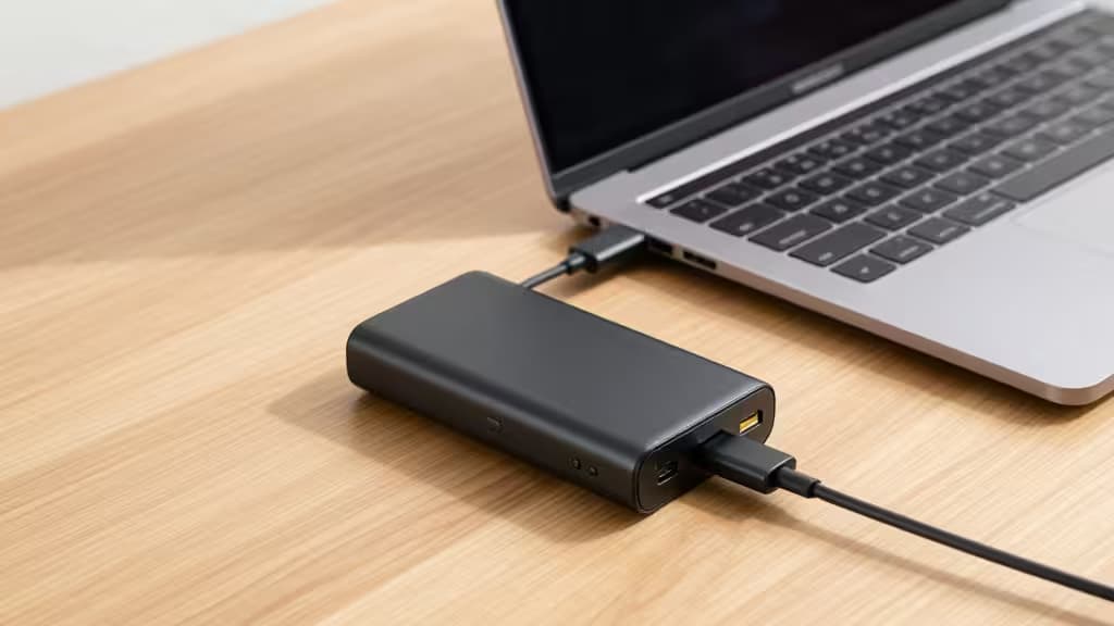 Une batterie externe noire élégante recharge un ordinateur portable argenté sur un bureau en bois clair, illustrant les solutions de recharge portables modernes.