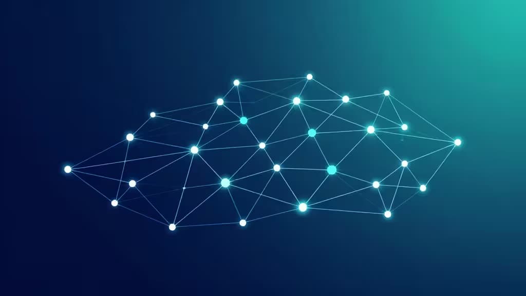Abstract visualization of a secure mesh network topology with interconnected glowing nodes forming an encrypted VPN overlay
