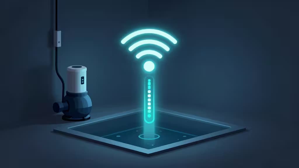 Glowing blue smart sensor emits WiFi waves from a square metal sump pit beside a white and black pump in a dim basement.