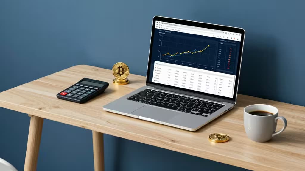 Laptop con grafici cripto, calcolatrice e Bitcoin fisici su scrivania in legno chiaro.