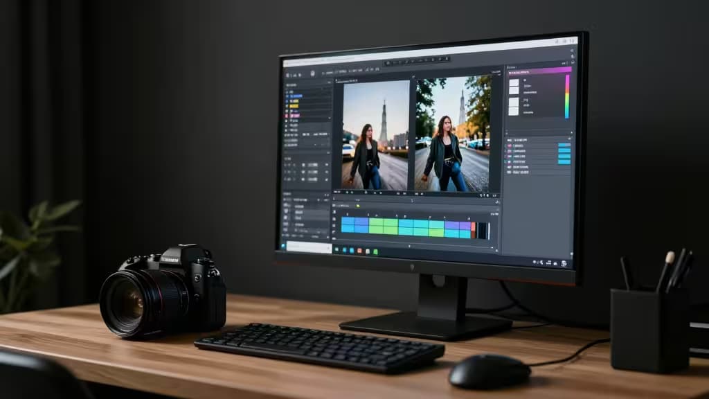 Eine schwarze Kamera liegt auf einem Holztisch neben einem Monitor, der professionelle Bildbearbeitungssoftware mit Vorher-Nachher-Vergleich zeigt.