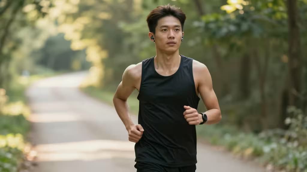 A focused runner in black athletic wear jogs on a sunlit trail, wearing sleek open-ear earbuds.