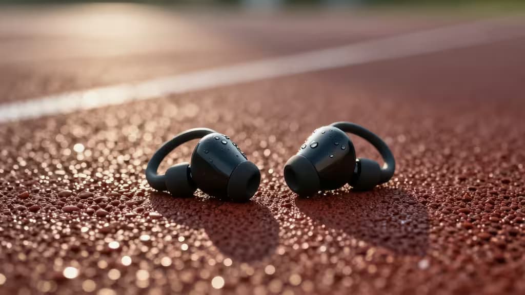 Sweat-drenched black sport earbuds with ear hooks rest on a red running track, highlighting durability for intense workouts.