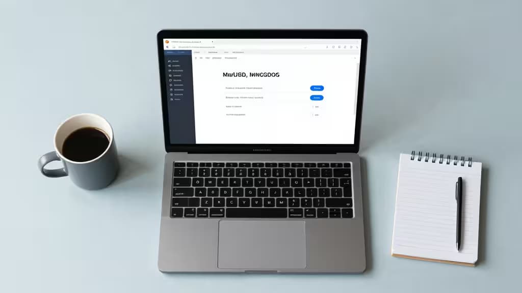 Laptop displays MongoDB interface, flanked by coffee mug and notebook on minimalist desk.