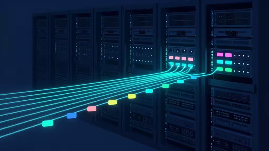 Abstracte illustratie van background job processing met gloeiende datastromen tussen servernodes en wachtrijen van gekleurde lichtpakketten in donkerblauwe en turkooise tinten