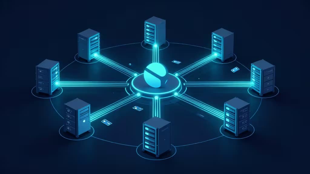 Glowing blue server racks orbit a central sphere, connected by luminous data streams against a dark background.