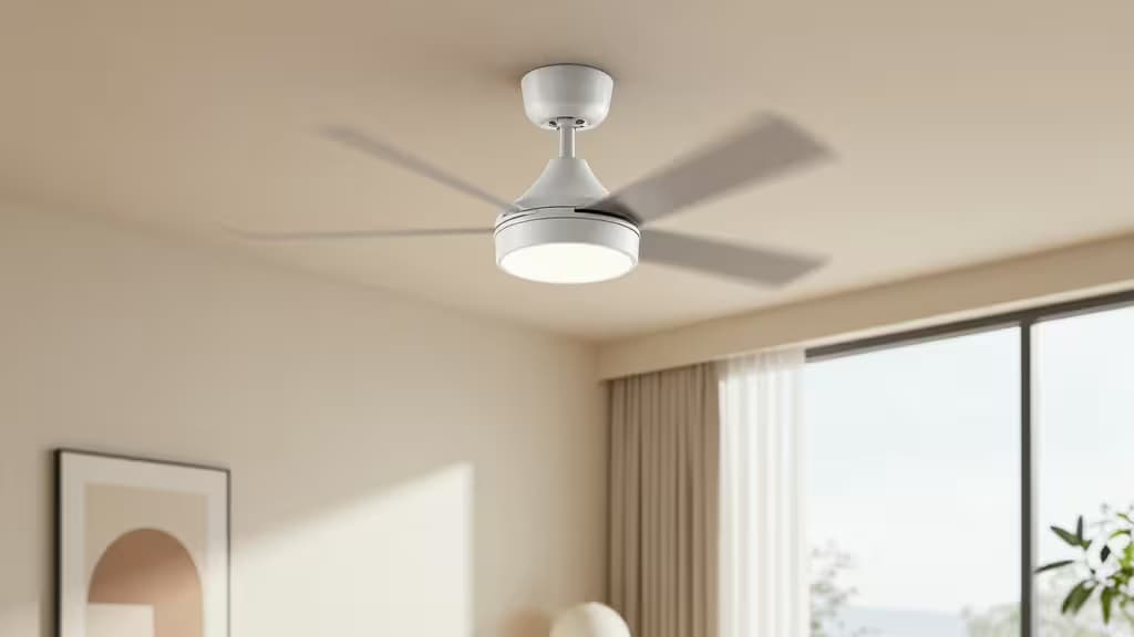 Moderne woonkamer met een draaiende slimme plafondventilator onder zacht natuurlijk licht, minimalistische Scandinavische inrichting.