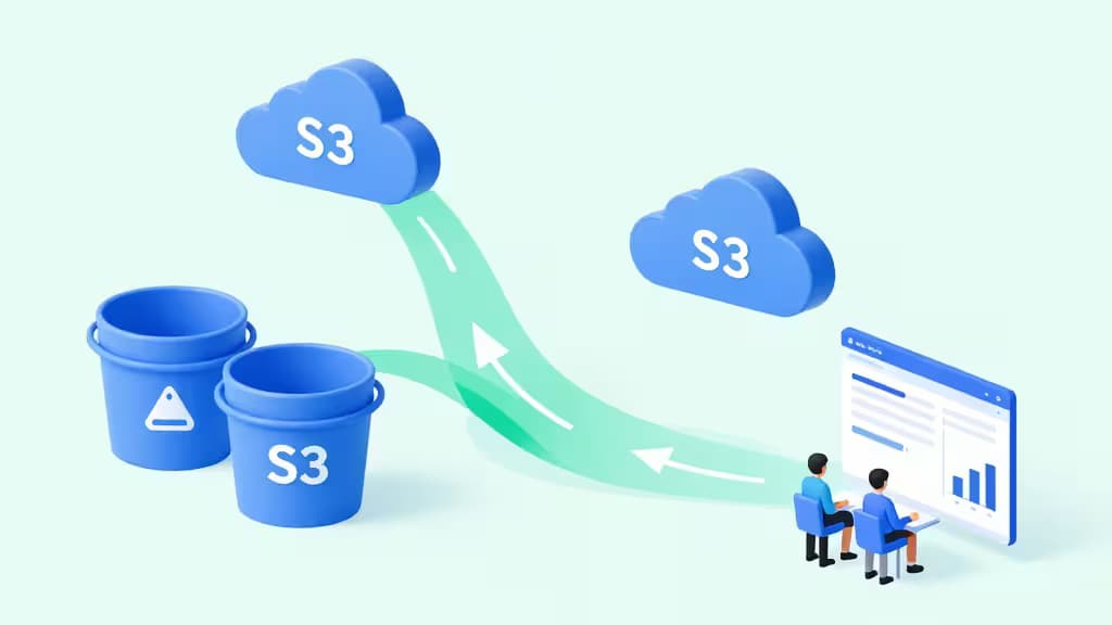 Des buckets S3 bleus et des nuages se connectent à un tableau de bord où deux utilisateurs gèrent des flux de données.