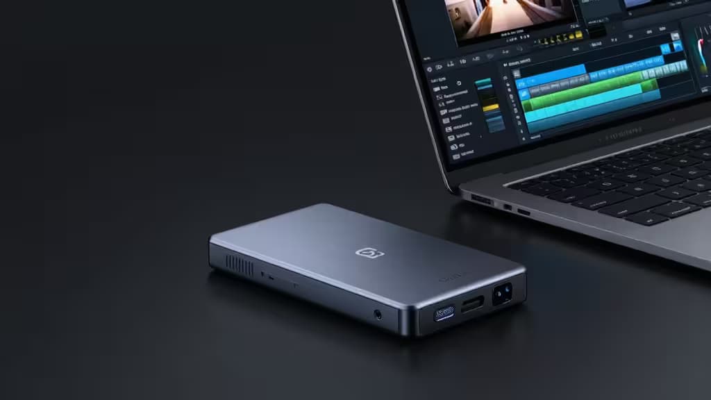 SSD portatile appoggiato su una superficie scura accanto a un laptop con timeline di montaggio video aperta, illuminazione cinematografica