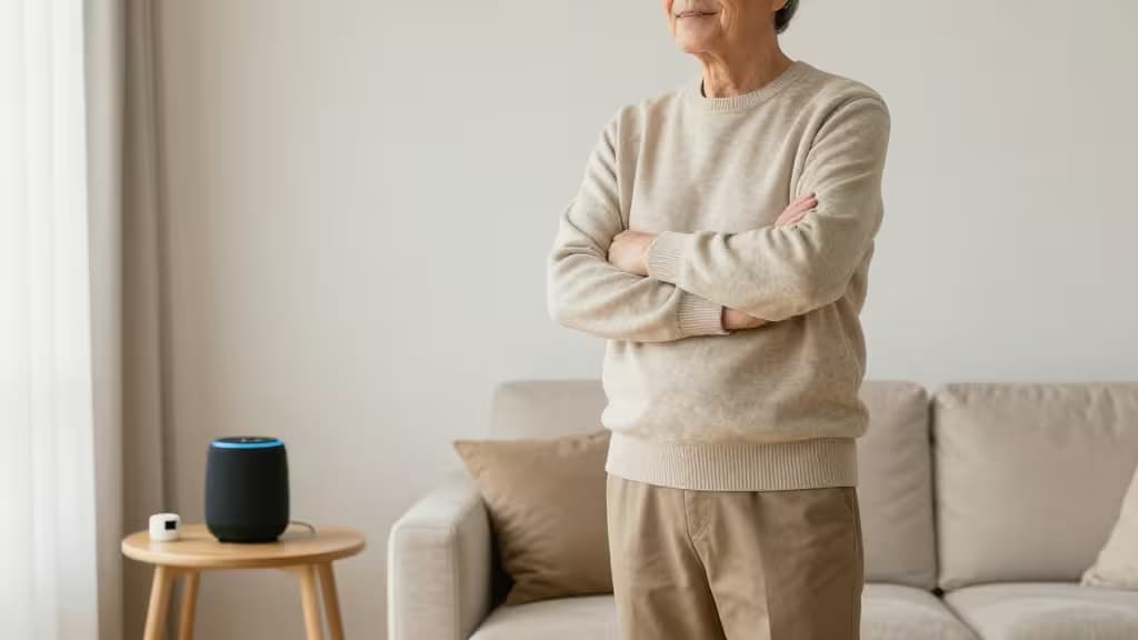 An elderly man stands with arms crossed beside a smart speaker on a wooden side table in a bright living room.
