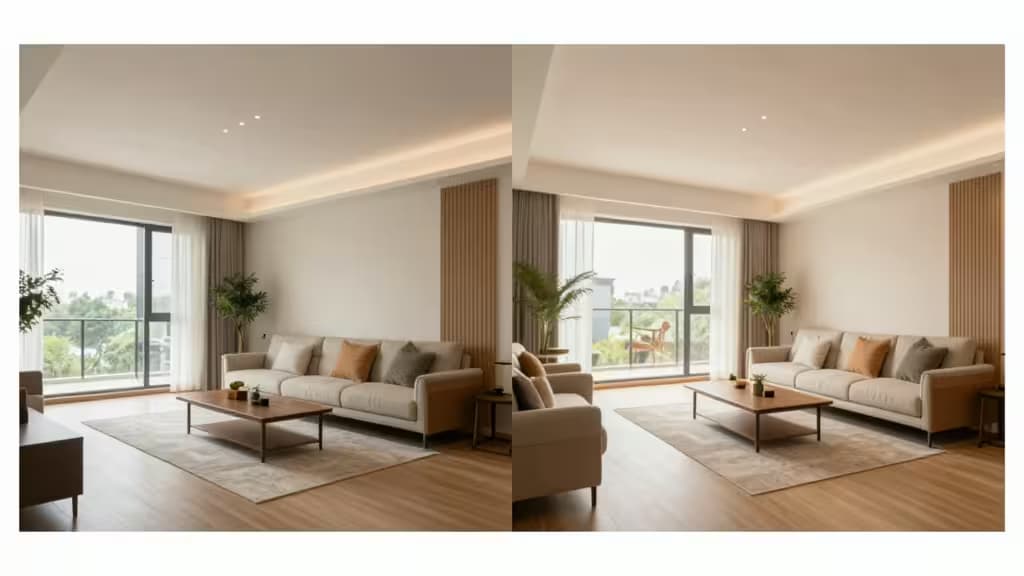 Split-screen shows a beige sofa, wooden coffee table, and light wood floors in a modern living room before and after AI virtual staging.