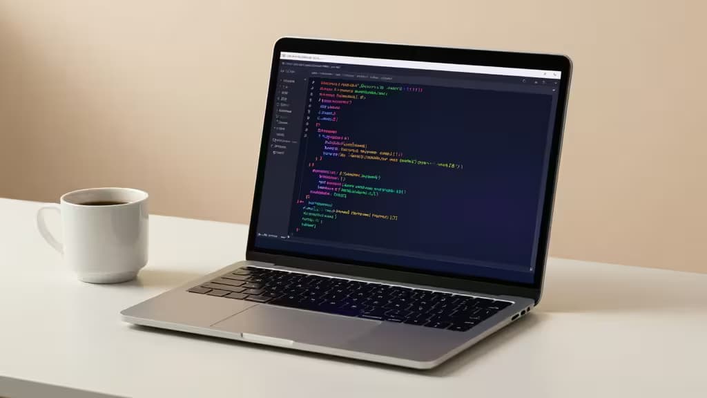 Ein eleganter Laptop zeigt KI-generierten Code neben einer weißen Kaffeetasse auf einem minimalistischen Schreibtisch.