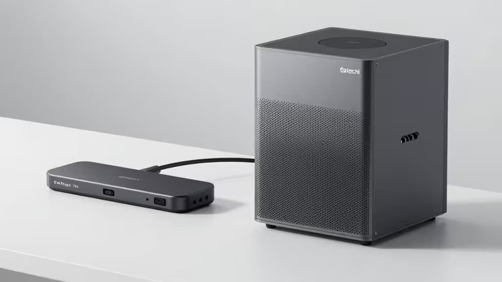 Satechi USB-C hub connects to Mac Studio dock in minimalist product photography.