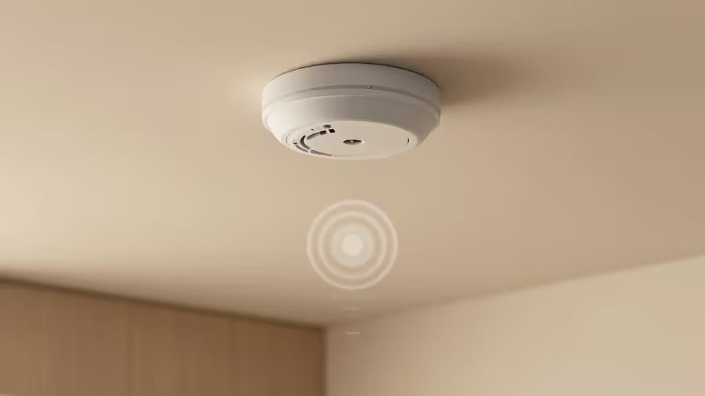 Illustrazione editoriale di un interno casa moderna con un rivelatore di fumo smart sul soffitto e icone di notifiche digitali fluttuanti nelle vicinanze