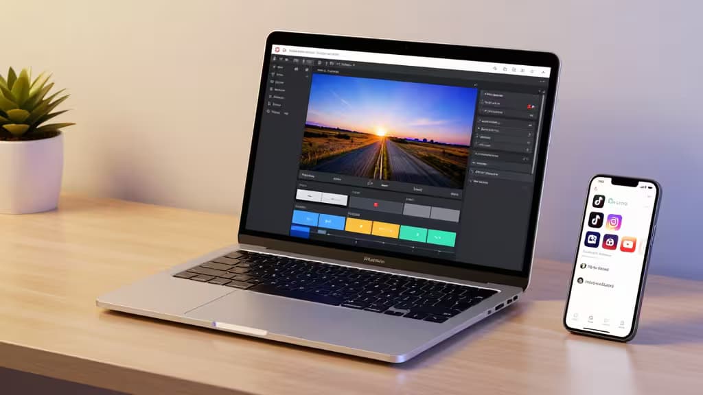 Mesa de escritório moderna com laptop exibindo interface de edição de vídeo com IA e smartphone mostrando TikTok, Instagram Reels e YouTube Shorts — conceito de criação de conteúdo para redes sociais com inteligência artificial.