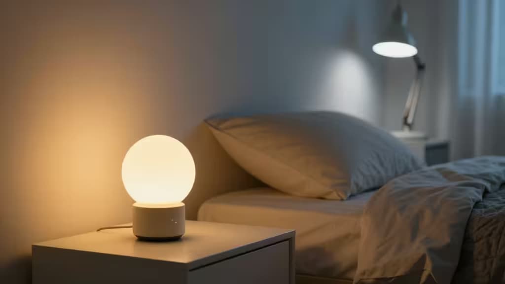 Una lámpara esférica emite luz cálida junto a una cama, contrastando con una lámpara de escritorio fría al fondo.