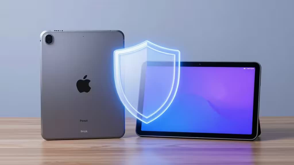 Two iPads on wood surface, one displaying glowing blue security shield overlay.