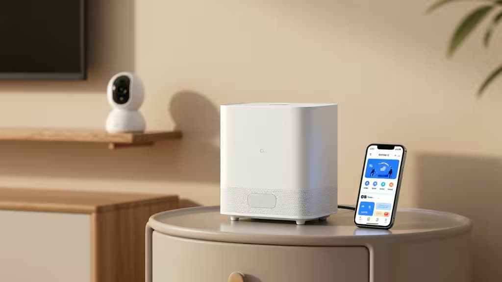 Weißer Smart Hub und Smartphone auf beigem Tisch, im Hintergrund eine Sicherheitskamera.