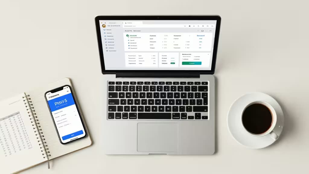 Laptop, smartphone e taccuino mostrano interfacce bancarie su sfondo bianco, evocando semplicità e accessibilità per conti business senza saldo minimo.
