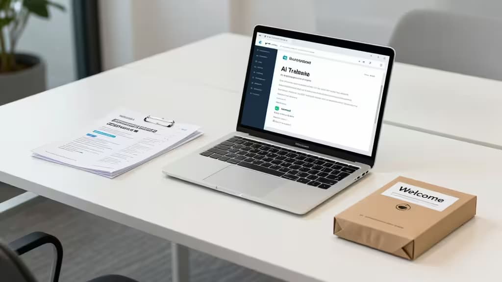 A laptop displaying an AI training platform sits beside a welcome package and documents on a modern desk.