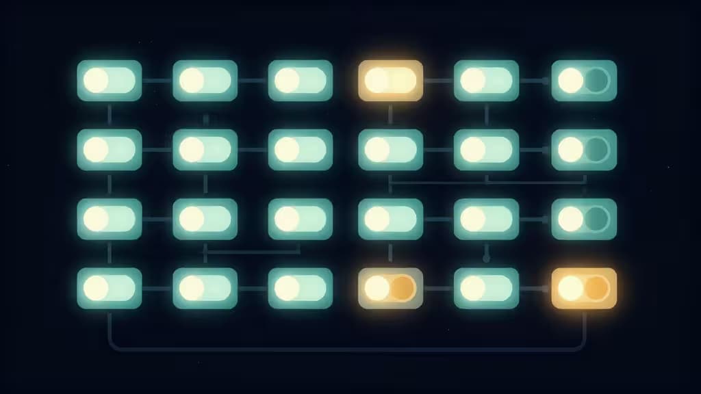 Glowing toggle switches form a network, symbolizing feature flags controlling software deployment for cost-conscious dev teams.