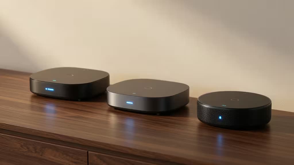 Three sleek black smart home hubs with blue LEDs rest on a polished wooden desk.
