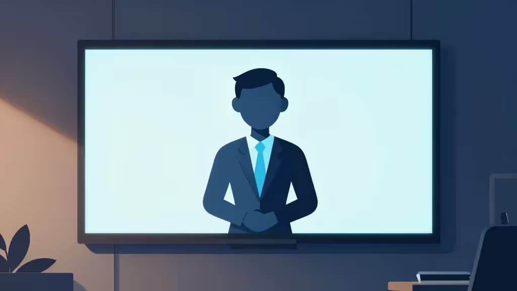 Abstract illustration of a digital avatar presenter on a minimalist screen in a modern corporate training setting, with soft blue and warm amber lighting.