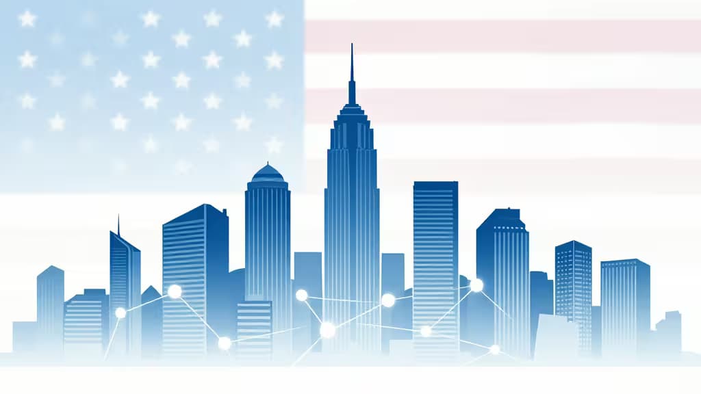 Arranha-céus azuis sobrepostos a uma bandeira americana desbotada, com linhas de rede brilhantes que simbolizam exchanges de cripto para residentes nos EUA.