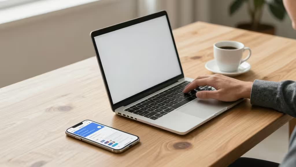 A hand types on a laptop beside a smartphone displaying a banking app, with coffee nearby.