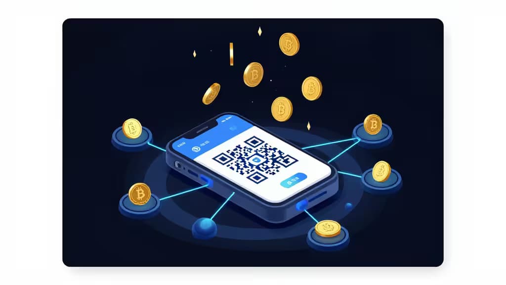 Illustration abstraite d'un wallet crypto matériel avec scan QR code, réseaux blockchain interconnectés et tokens d'airdrop, style éditorial.