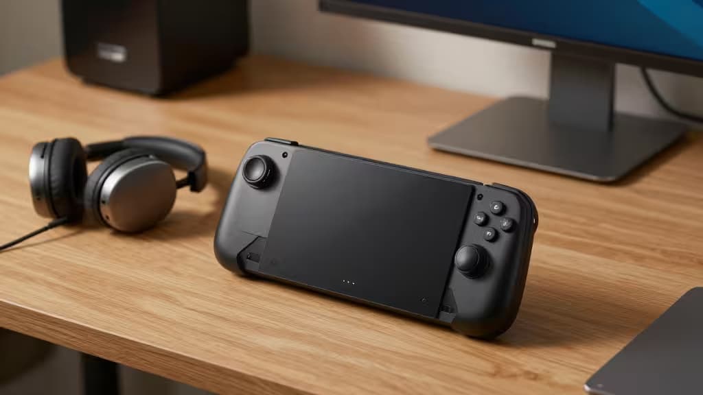 Black Steam Deck rests on wood desk beside matte wireless headphones, monitor blurred behind.