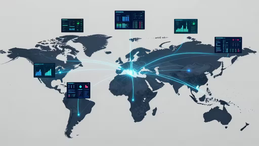 Glowing blue data streams connect global edge nodes to centralized monitoring dashboards on a world map.