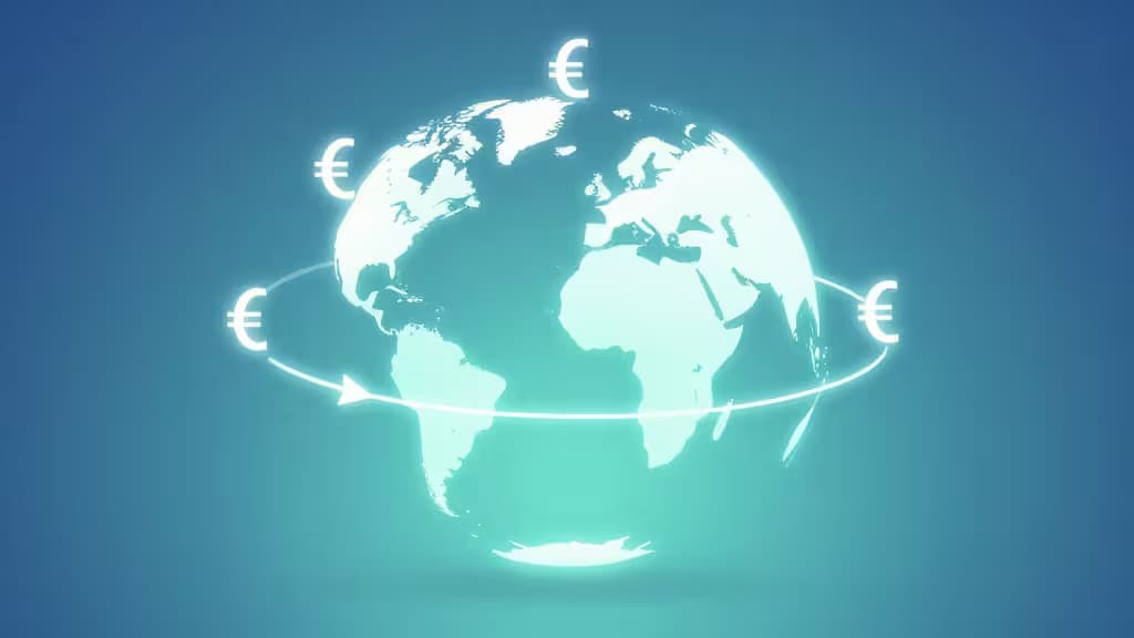 Glowing globe with Euro symbols orbiting, symbolizing global currency transfers via apps like Wise and PayPal.