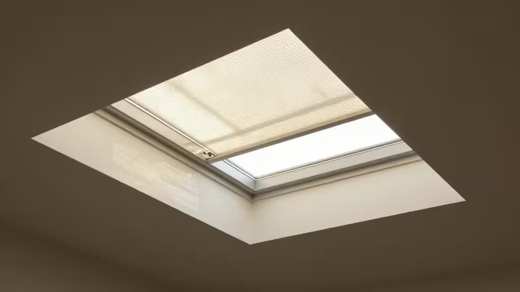 Modern skylight features sleek motorized honeycomb shades, blending functionality with contemporary design for hard-to-reach windows.