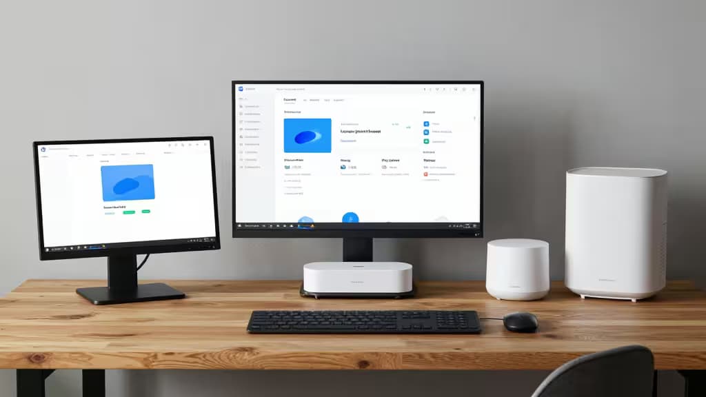 Deux écrans d'ordinateur affichent l'interface Home Assistant sur un bureau en bois entouré de hubs domotiques Hubitat, Aeotec, Aqara M3 et Homey Pro.