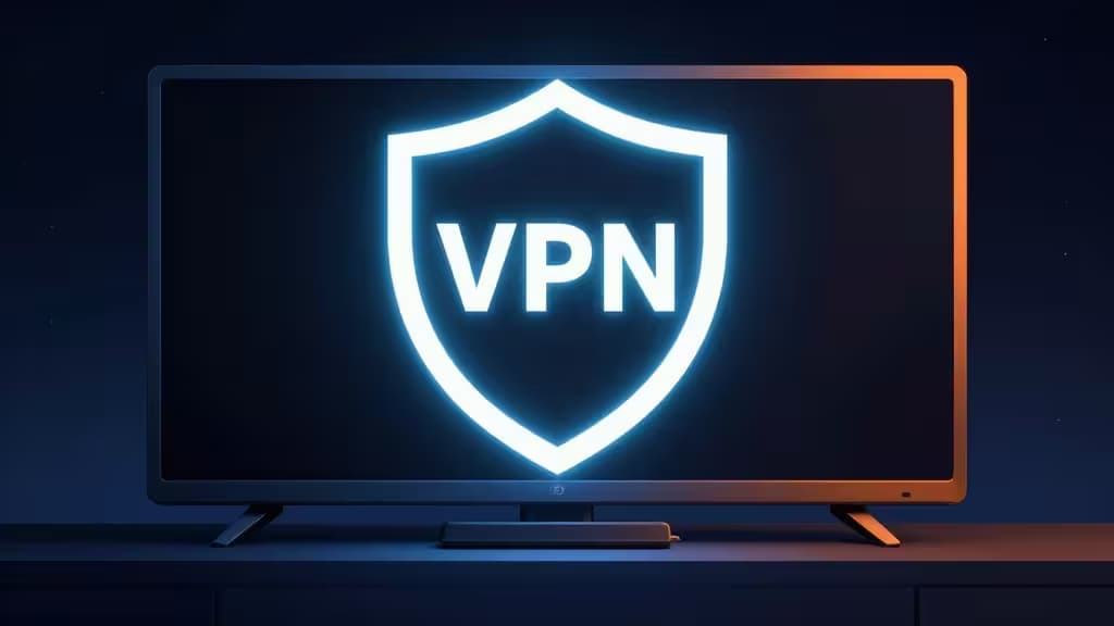 Telewizor z podłączoną przystawką streamingową i świecącą niebieską tarczą VPN symbolizującą bezpieczny streaming na Amazon Fire TV Stick.