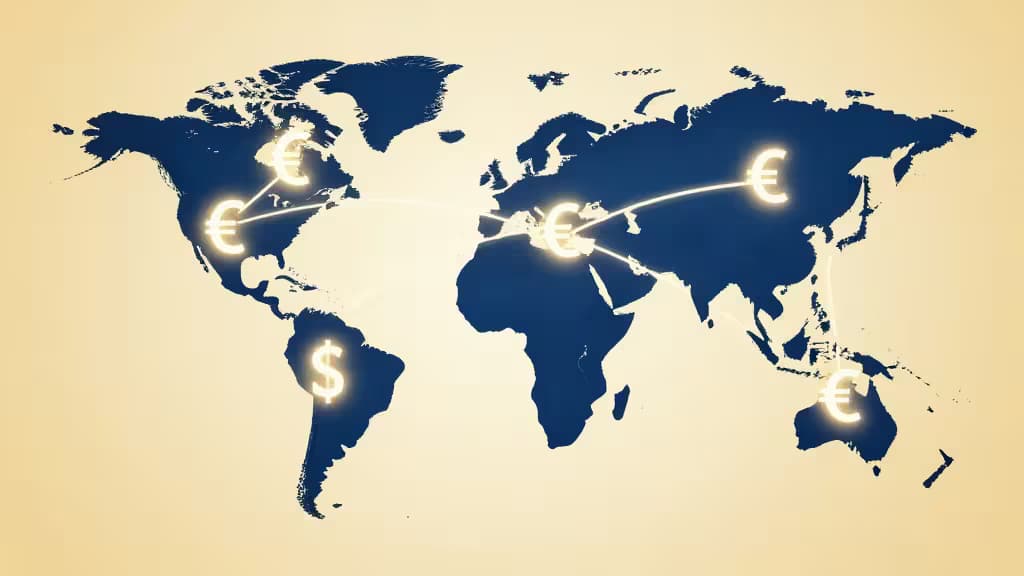 Glowing currency symbols connect continents on a blue world map, illustrating global money transfers.