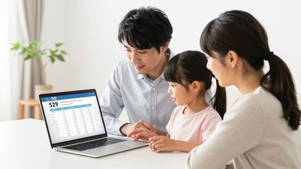 日本の家族がノートパソコンで529プランを確認しながら、子供の教育計画を話し合っている様子