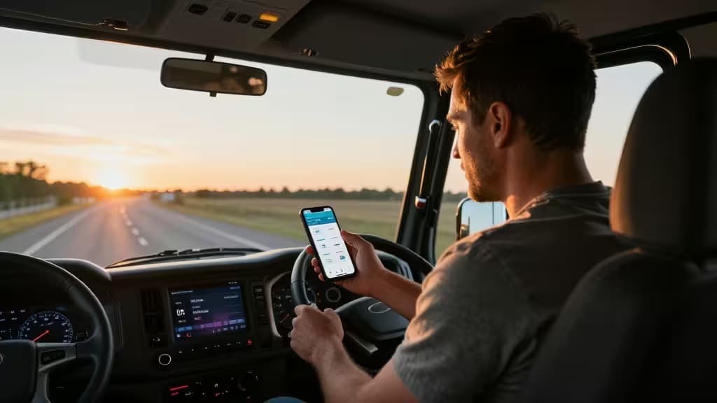 Truck driver checks banking app on smartphone while driving through Dutch countryside at sunset.