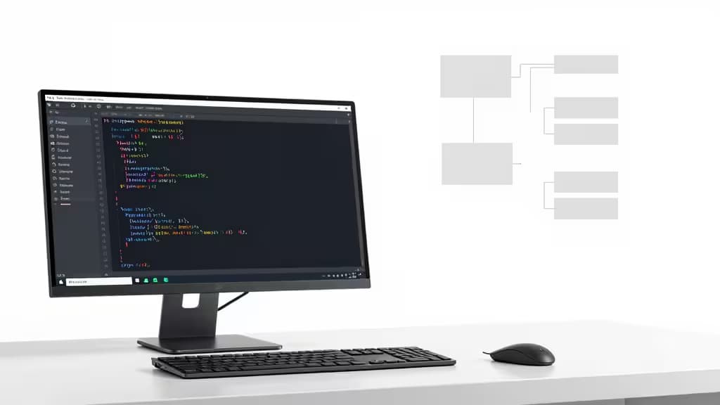 Uma mesa branca com um monitor exibindo código TypeScript, teclado e mouse.