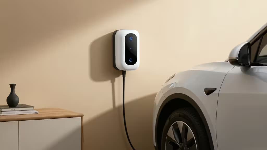 Cargador inteligente blanco montado en pared beige, conectado a vehículo eléctrico moderno.
